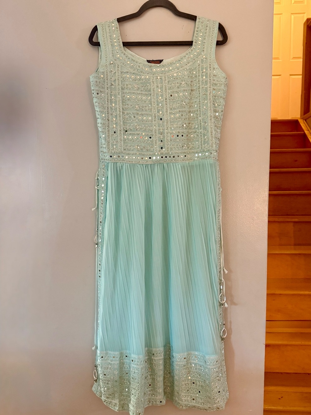 Chadha Fancy Mint Green Mirror Work Anarkali Dress Gown Festive